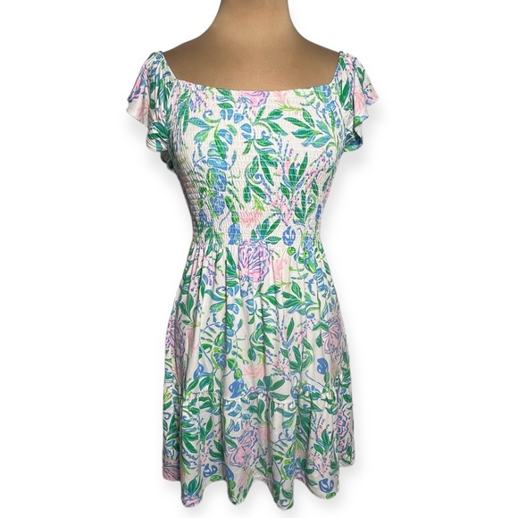 Lilly Pulitzer white multicolor floral smocked short dress Just A Pinch Jilly M - Picture 4 of 9
